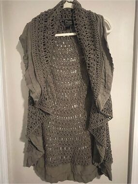 Pure Handknit M/L Mushroom Taupe Crochet Cotton Boho Vest